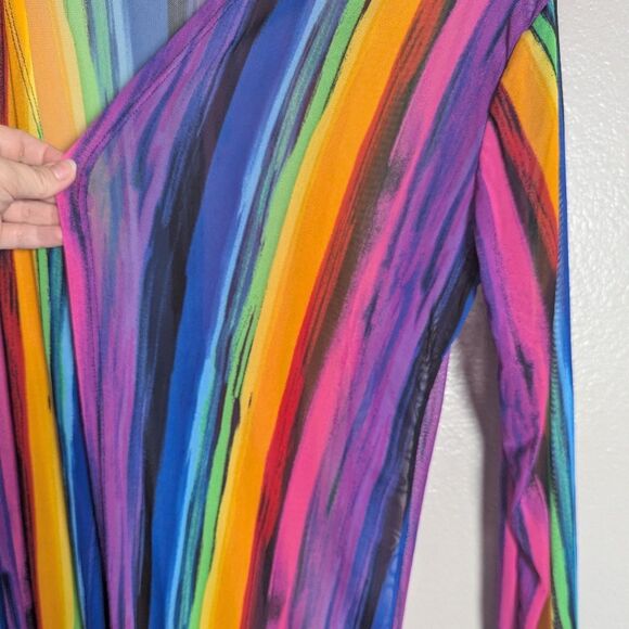 NYC Rainbow Multicolor Striped Stretch Sheer Mesh Duster Open Coverup XL - Picture 4 of 6